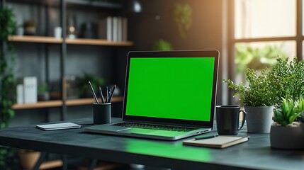 A modern workspace featuring a laptop with a green screen, surrounded by plants, stationery, and a bright, inviting atmosphere.