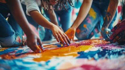 Obraz premium Creativity Unleashed as Diverse Hands Reach for Vibrant Paint in a Lively Art Collaboration on a Colorful Canvas