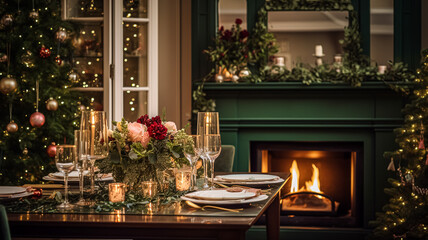 Table decor for festive family dinner at home, holiday tablescape and table setting, formal for wedding, celebration, English countryside and home styling