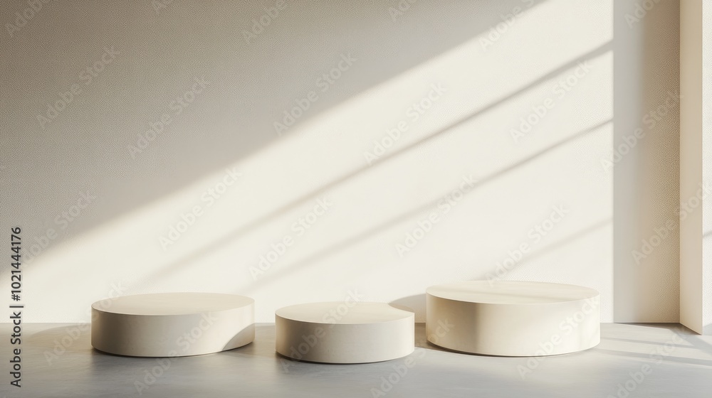 Poster 3D rendering of four minimalistic empty podiums or pedestals for showcasing products