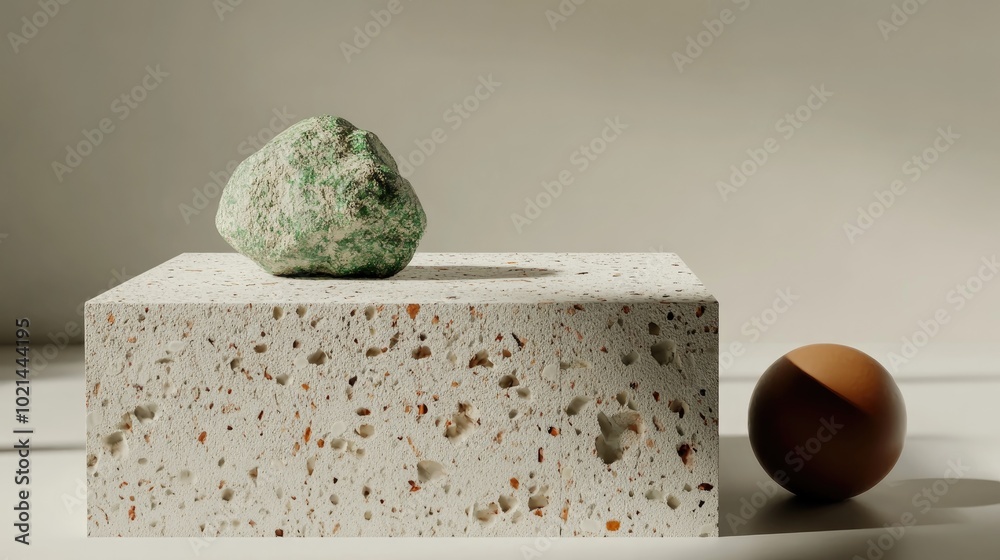 Aufkleber 3d rendering of a square podium featuring terrazzo texture accompanied by a green rock and a brown b
