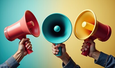 Colorful megaphones held by hands symbolize communication, marketing, and announcements, perfect for business promotions and events.