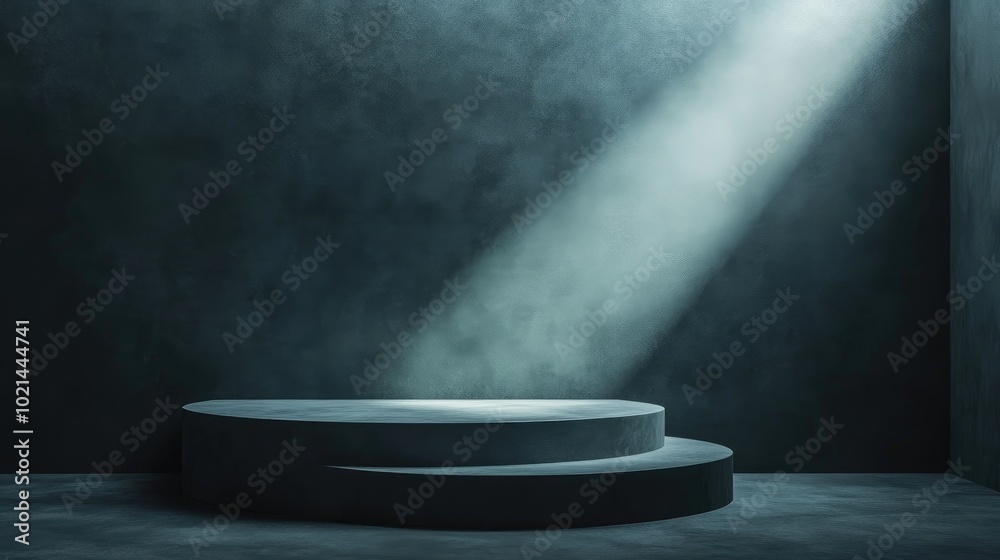 Poster 3D rendering of an abstract minimalist background featuring steps and an empty podium for product display A stylish dark showcase scene highlighted by a bright spotlight