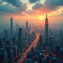 Fototapeta premium A stunning aerial view of a bustling city skyline at sunset, featuring iconic skyscrapers and dynamic traffic. Perfect for business, travel, and urban designs.