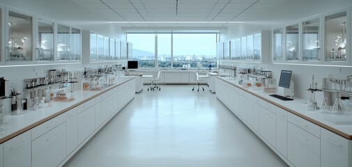 Modern Laboratory Interior Symmetrical Corridor with Benches, Minimalist Design, Cityscape View Sterile Scientific Space for Research and Innovation
