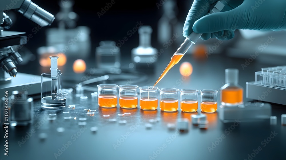 Poster a dedicated scientist carefully pipetting a precise solution into multiple sample containers for in 