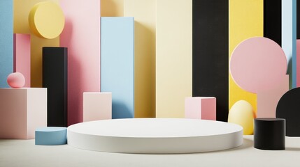 3D render of abstract colorful geometric shapes featuring a blank product display mockup with an empty stage and a round white podium surrounded by assorted pink blue yellow and black blocks