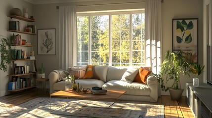 A cozy living room with a white sofa, a coffee table, and a large window overlooking a lush green forest.