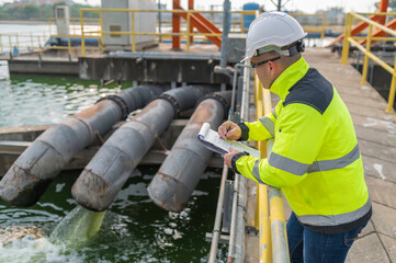 Environmental engineers work at wastewater treatment plants,Water supply engineering working at...
