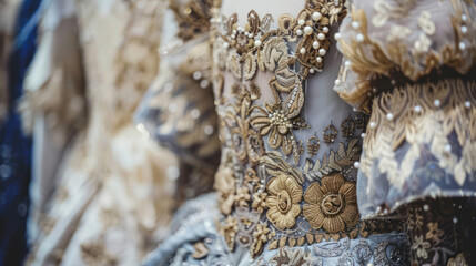 Fototapeta premium A close-up shot of high-fashion designer dresses, showcasing the craftsmanship, intricate patterns, and luxurious fabrics