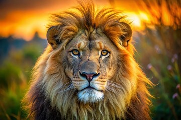 Fototapeta premium Intense Lion Stare Captured in Stunning Detail - Majestic Wildlife Portrait for Nature Enthusiasts and Animal Lovers