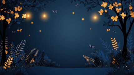 A glowing illustration of a whimsical forest scene with fireflies illuminating the trees and leaves.
