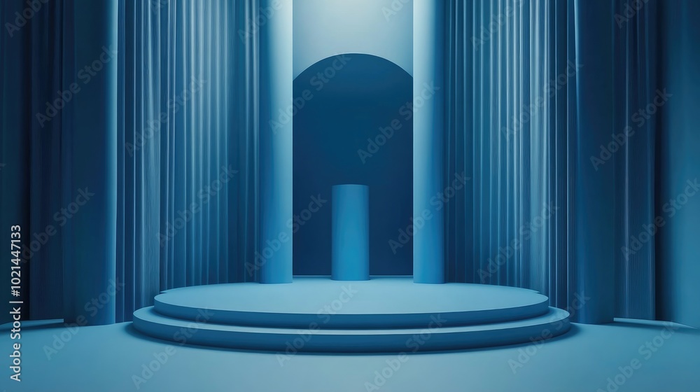 Poster 3D rendered abstract blue backdrop featuring an empty stage with cylindrical podium steps and a vacant pedestal Ideal for showcasing products with ample copy space in a premium minimal design insp