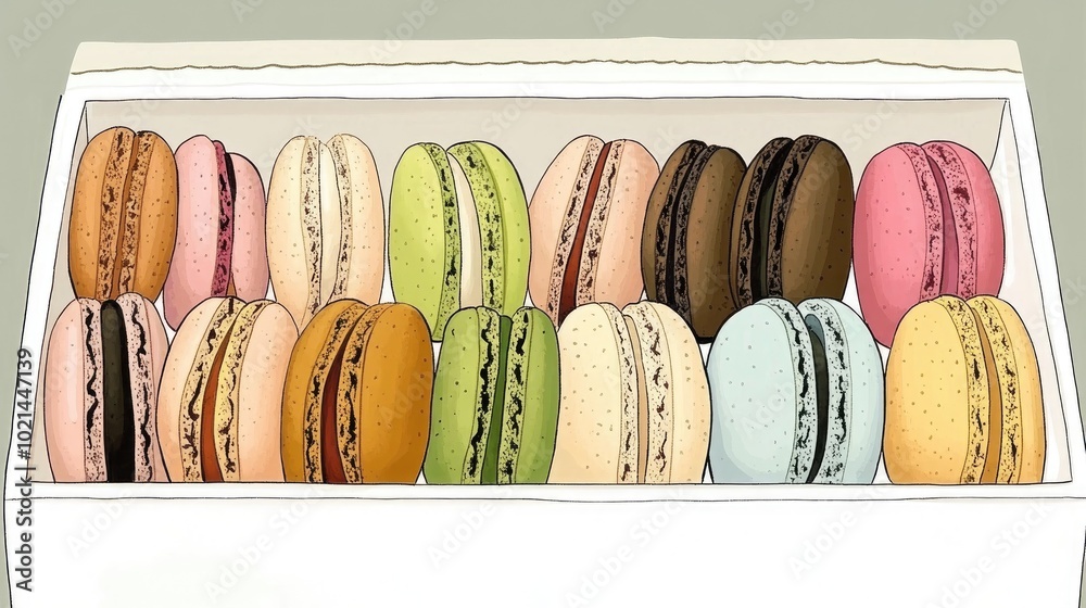 Aufkleber assorted multicolored macarons in a white box