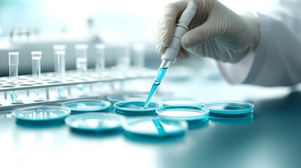 Scientist in a white coat carefully pipetting a vivid blue liquid into transparent petri dishes for chemical analysis meticulous laboratory equipment precise hand movements focused expression