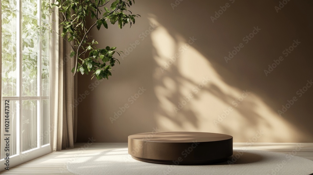 Poster Brown display pedestal in room with window light background 3D rendering
