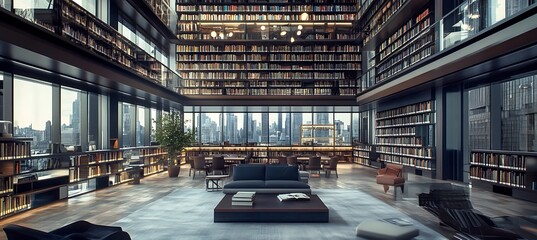 Fototapeta premium A modern library with floor-to-ceiling bookshelves, comfortable reading areas, and stylish decor