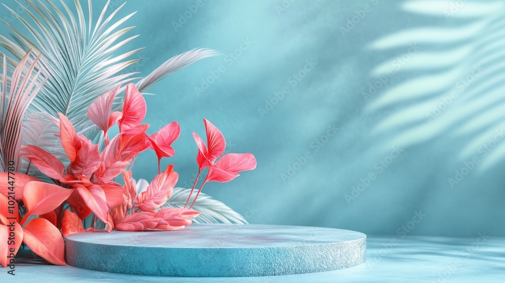 Aufkleber 3d rendering of an abstract podium display featuring tropical leaves and coral pink plants concept f