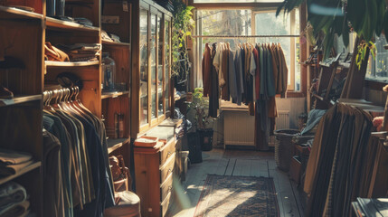 A cozy thrift store with carefully selected vintage clothing pieces displayed on wooden racks, bathed in soft natural light.