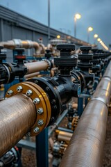 Intricate Black Industrial Valve and Pipe Close-Up in Industrial Facility - Precision Engineering Concept with Gold Flange Detail