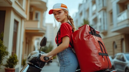 Young Delivery Rider With a Red Bag Navigating City Streets on a Scooter During a Sunny Afternoon