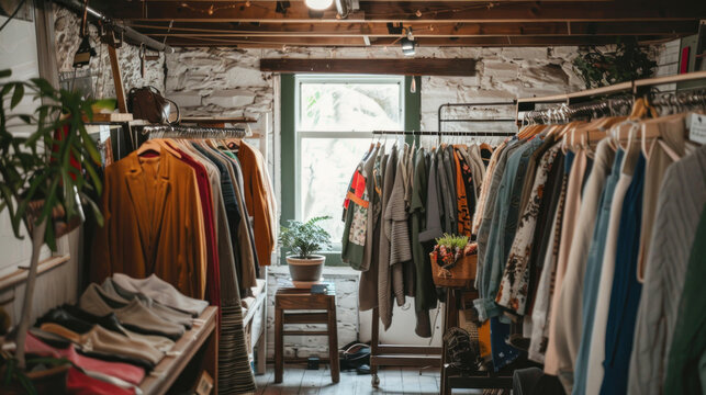 A cozy thrift store with carefully selected vintage clothing pieces displayed on wooden racks, bathed in soft natural light.