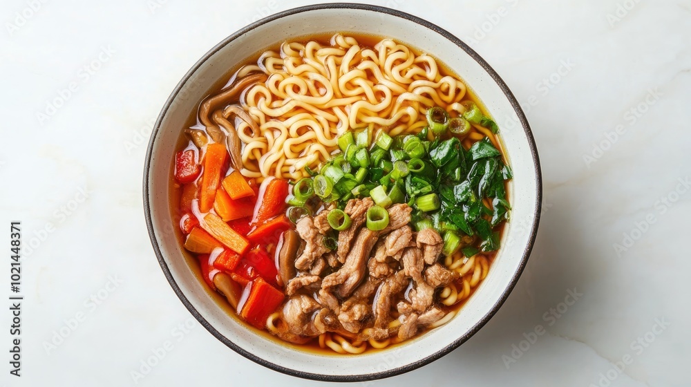 Aufkleber bowl of asian noodles with pork vegetables and mushrooms viewed from above with empty space for text