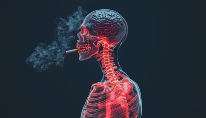 A side view of a smoking skeleton illustration, highlighting health risks with vivid colors and smoke.