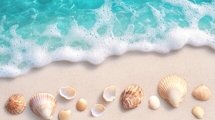 A serene beach scene with seashells and gentle waves, capturing the essence of relaxation and nature's beauty.