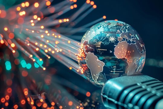 A close-up of a fiber optic cable connected to a globe