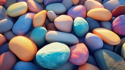 Colorful smooth stones arranged in a natural pattern, showcasing a variety of hues and shapes on a sunny day