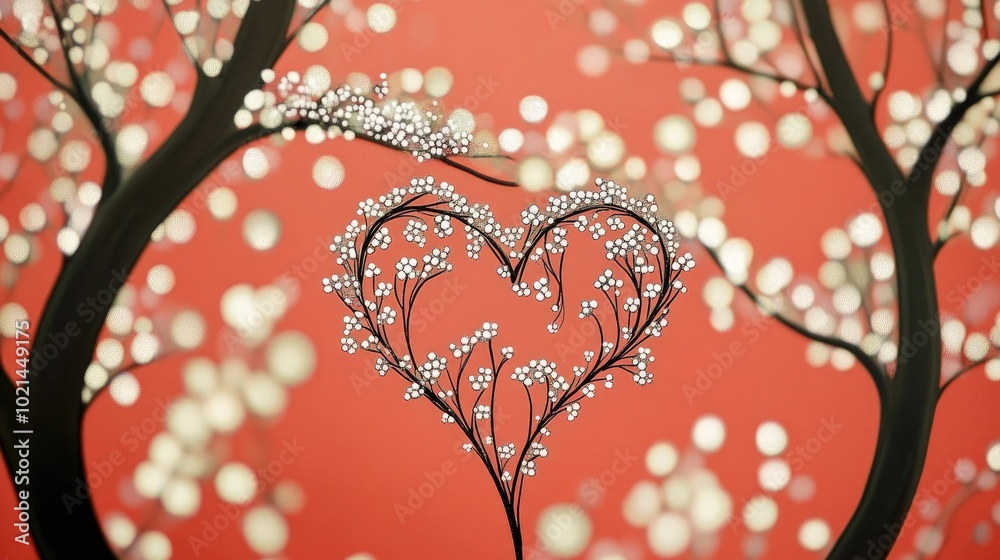 Aufkleber Bokeh light forming a half heart shape on a vibrant red backdrop with negative space