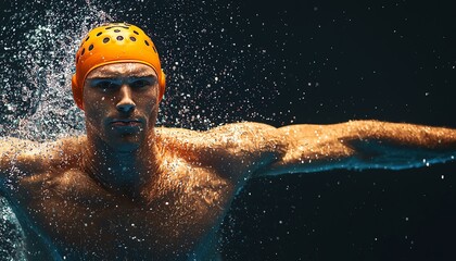 A male swimmer in action, showcasing strength and determination as he glides through the water in a competitive setting.