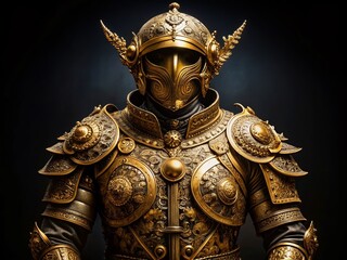 Intricate Gold Armor Displayed on a Black Background Showcasing Craftsmanship and Design Details