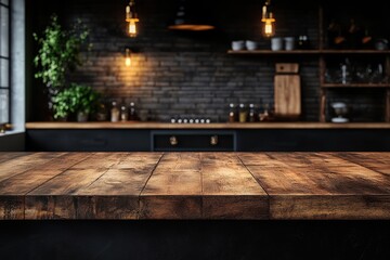 Dark kitchen with wooden table and soft lighting on fuzzy kitchen background.