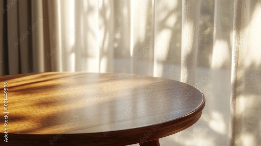 Aufkleber 3D render close up of an empty round teak wood table with a linen curtain in the background bathed in beautiful morning sunlight casting shadows from the window frame Space Blank Mockup Products d