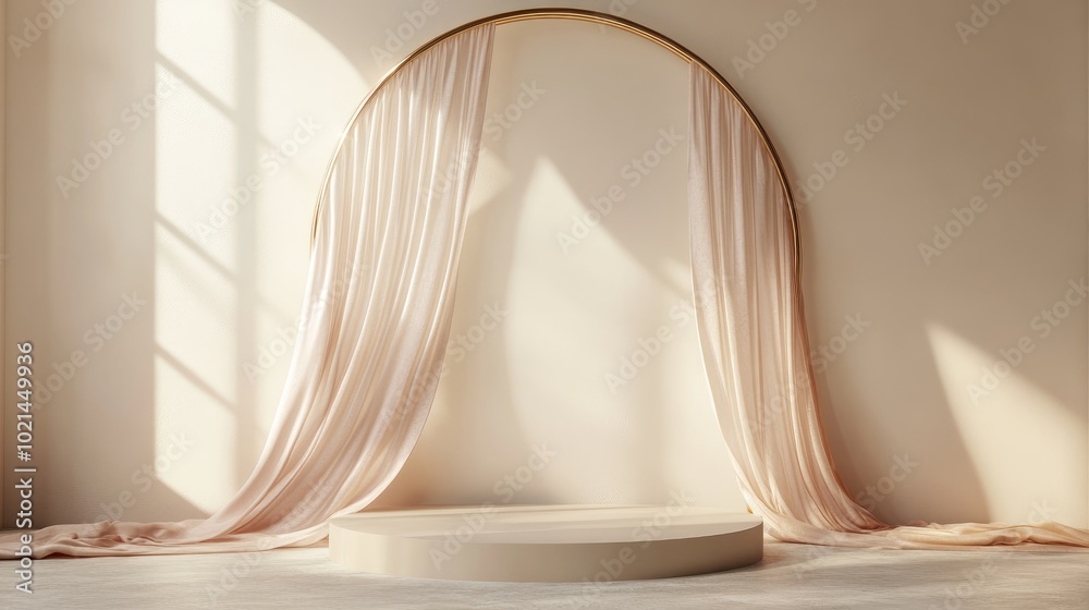 Aufkleber 3d background featuring a beige podium for display mockup flowing silk cloth and a golden arch frame