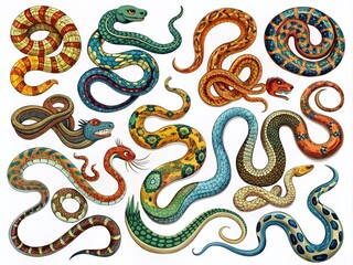 Obraz premium Intricate Hand-Drawn Snakes in Various Poses and Patterns for Creative and Educational Use