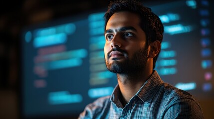 Fototapeta premium Engaging Indian Programmer Presenting Code Fusion in Cinematic National Geographic Style