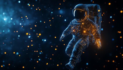 Fototapeta premium A digitally created astronaut floating in space, surrounded by glowing stars and cosmic elements on a dark background.