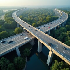 Obraz premium Aerial view of a modern highway intersection surrounded by lush greenery, showcasing transportation infrastructure and urban planning.