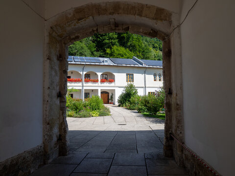 Inner courtyard of Bistrita Monastery, Valcea county, Romania