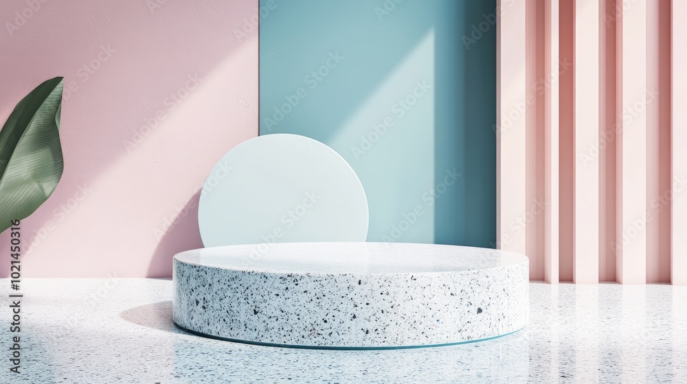 Poster abstract background featuring a vacant podium for product and cosmetic displays with a pastel cream 