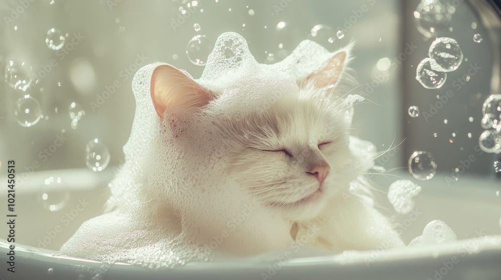 Poster relaxing cat in bubble bath with soft foam