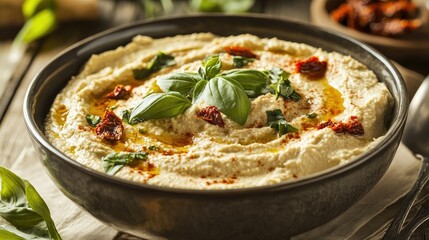 Bowl of hummus topped with basil and sun dried tomatoes on the table