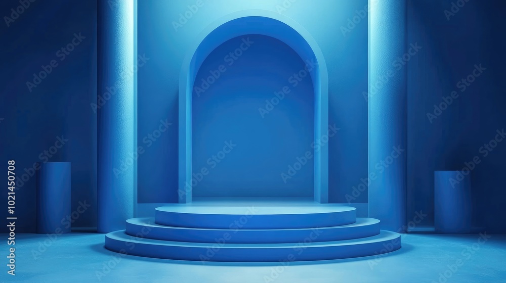 Poster 3D rendered abstract blue backdrop featuring an empty stage with cylindrical podium steps and a vacant pedestal Ideal for showcasing products with ample copy space in a premium minimal design insp