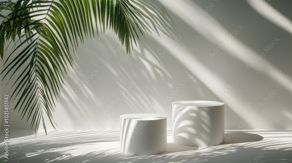 Poster bright white podiums illuminated by sunlight featuring the shadow of a palm leaf in a minimalist set