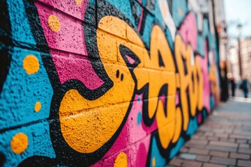 Obraz premium A Close-Up of a Yellow, Black, Pink, and Blue Graffiti Wall