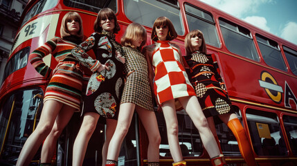 A group of models showcasing mod 1960s fashion with bold patterns, mini dresses, and go-go boots, posing in front of a retro London double-decker bus.