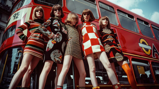 A group of models showcasing mod 1960s fashion with bold patterns, mini dresses, and go-go boots, posing in front of a retro London double-decker bus.